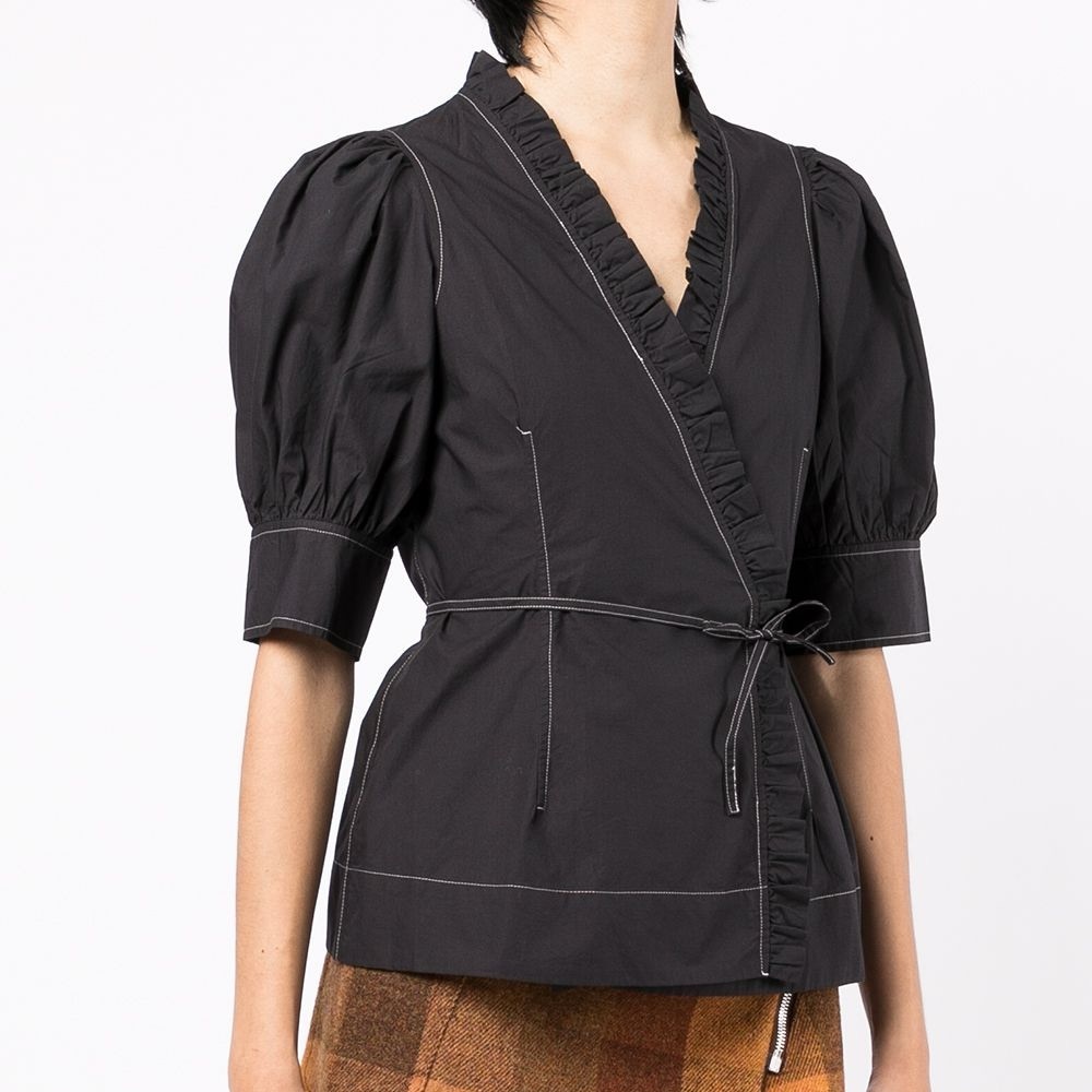 Ganni poplin short sleeve wrap top